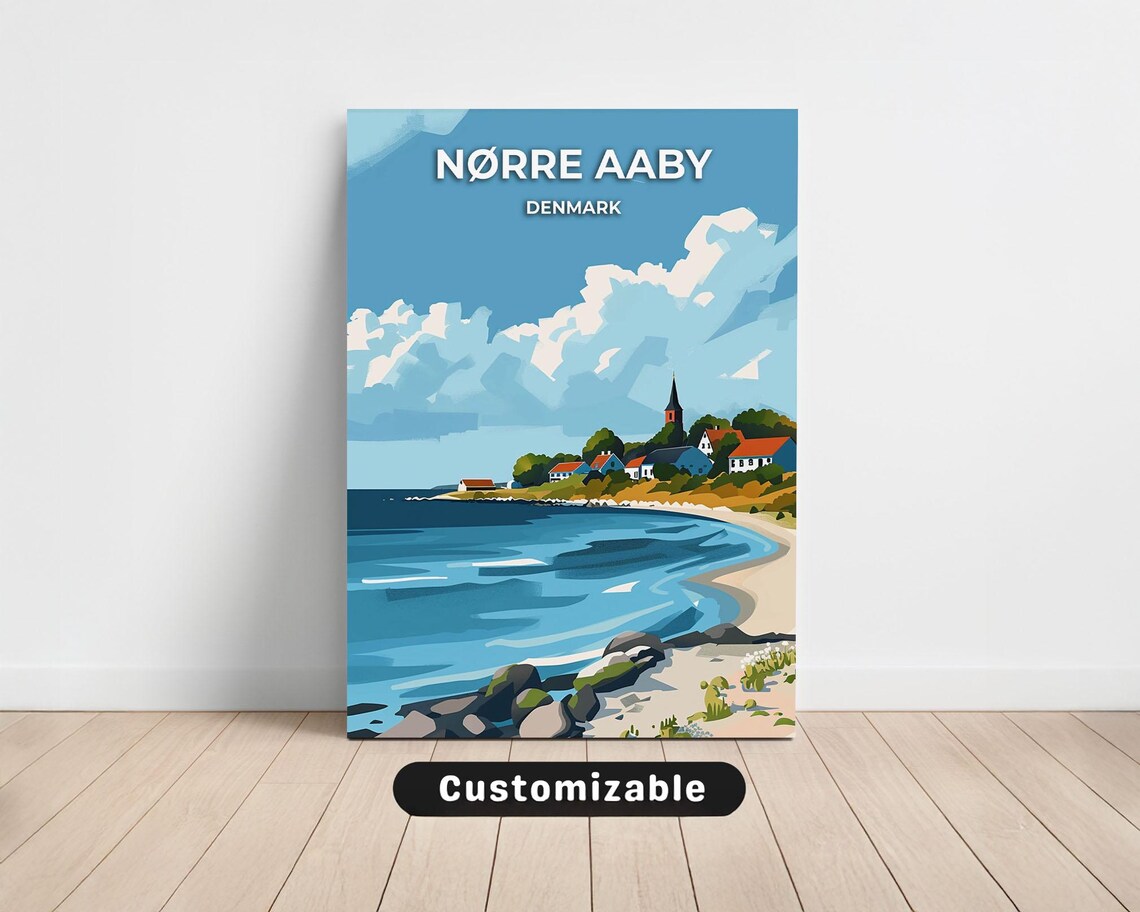 Nørre Aaby Denmark Coastal Village Church Beach Travel Poster