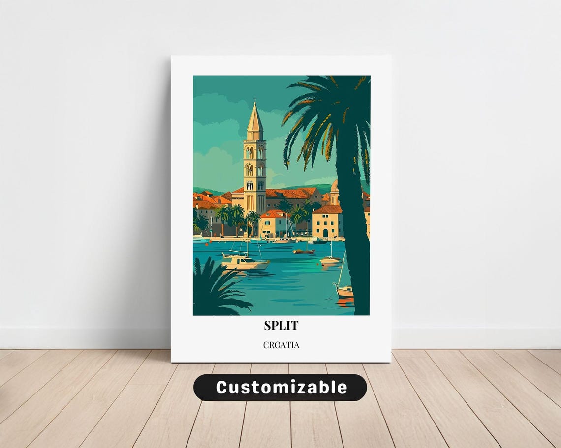Split Croatia Bell Tower Harbor Boats Retro Illustration Travel Poster