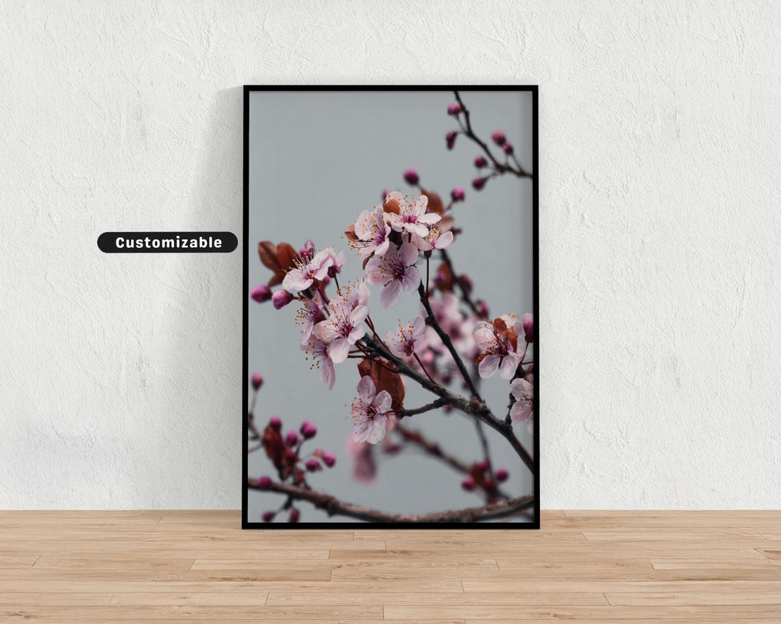 Blossoming Plum Branches Against Grey Sky Background Japanese Wall Art Print Zen Asian Decor