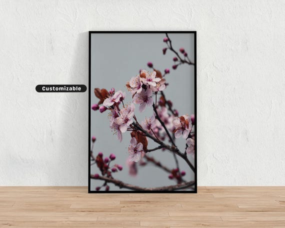 Blossoming Plum Branches Against Grey Sky Background Japanese Wall Art Print Zen Asian Decor