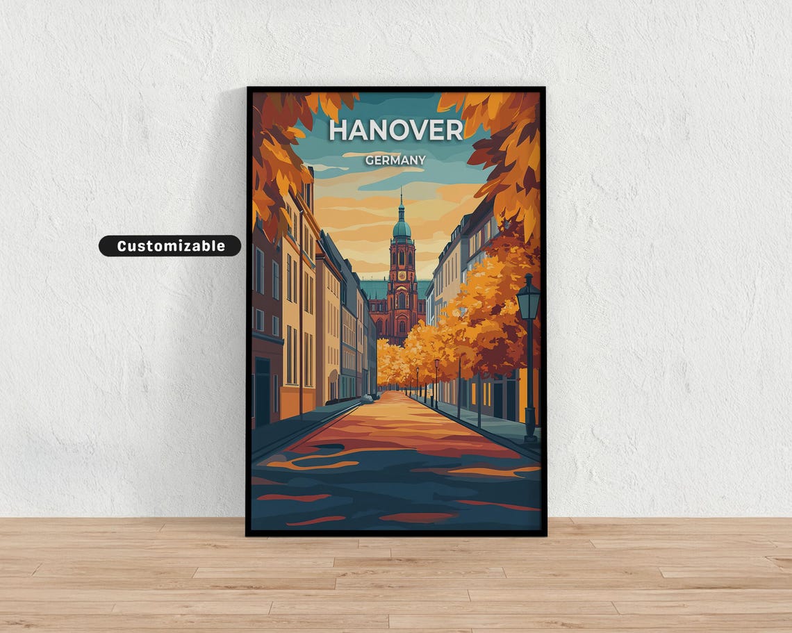 Hanover Germany Autumn Street Poster with Golden Trees and Church View