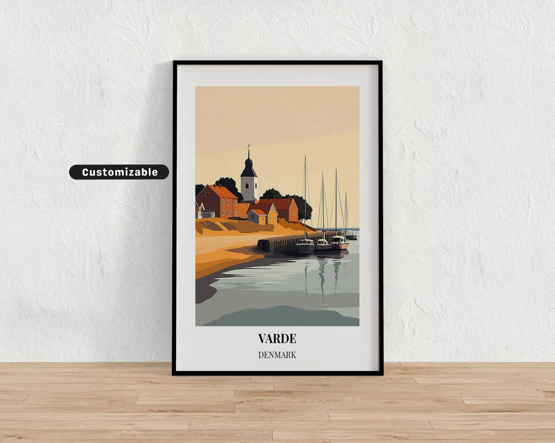 Varde Denmark Harbor Church Sailboats Golden Hour Retro Travel Poster
