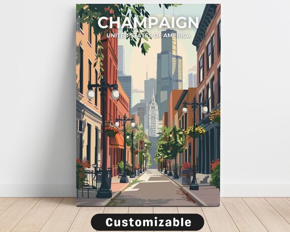 Vintage Champaign USA Downtown Street Historic Skyline Travel Poster