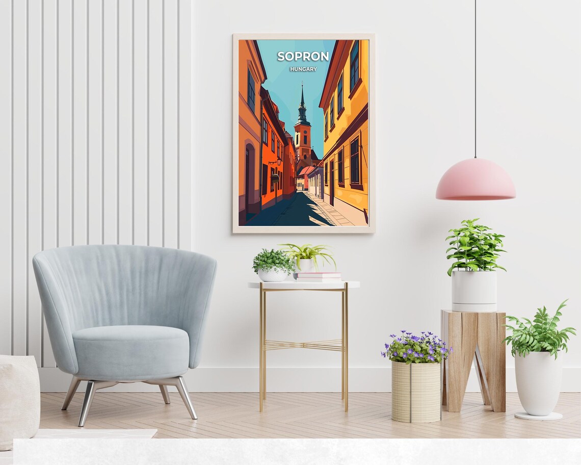 Sopron Hungary Old Town Street Church Tower Vintage Travel Poster - Image 2