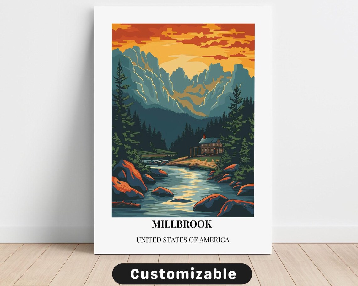 Millbrook United States Mountain Cabin Sunset River Landscape Poster