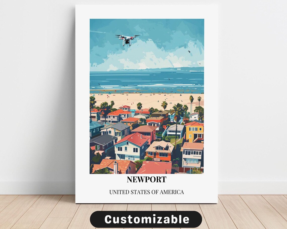 Newport Beach Coast Surf Town White Border Vintage Travel Poster