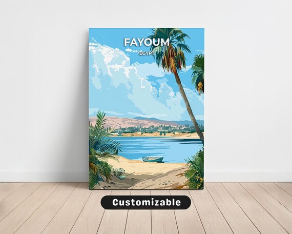 Fayoum Egypt Oasis Lake Golden Shore Palm Trees Boat Travel Poster