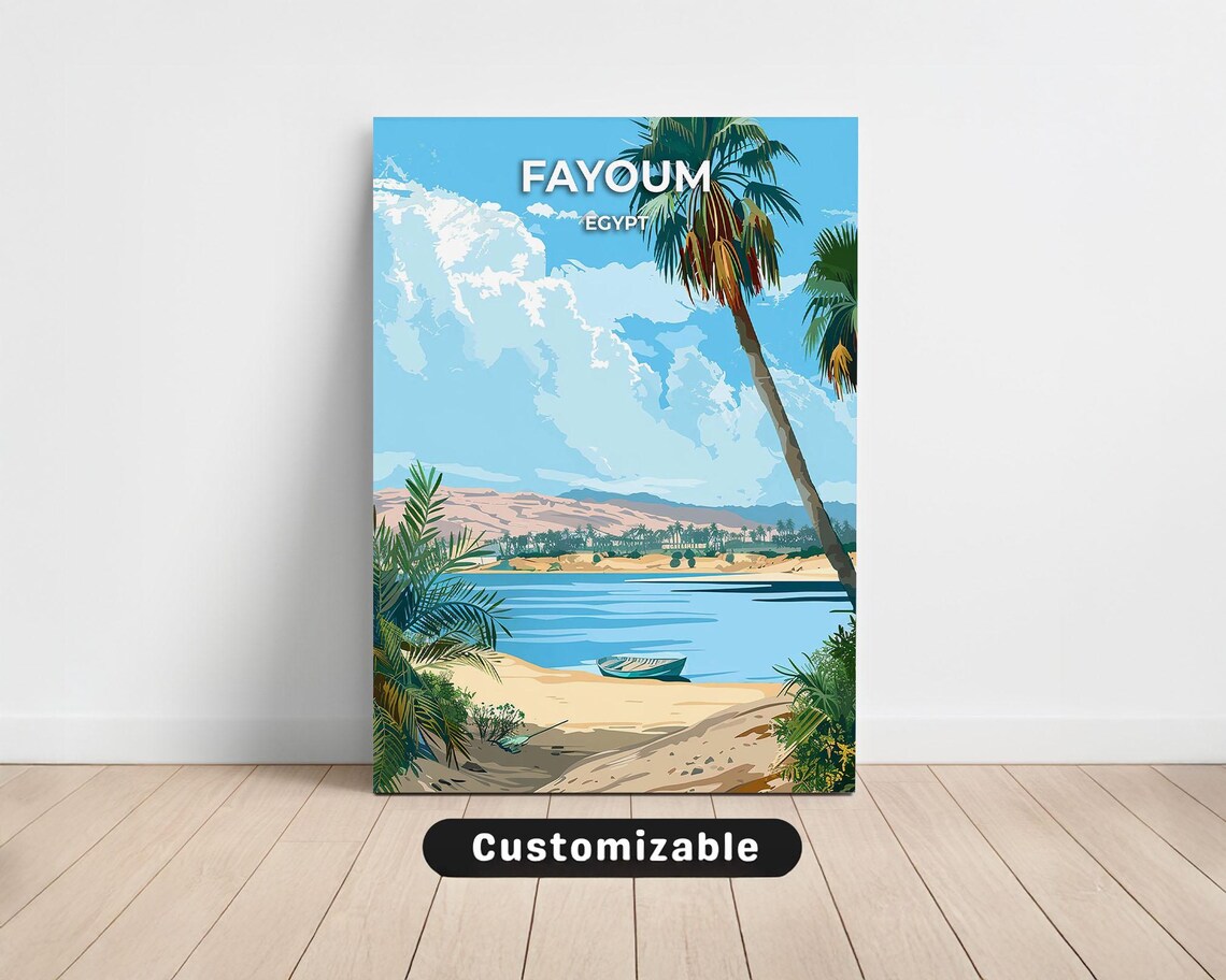 Fayoum Egypt Oasis Lake Golden Shore Palm Trees Boat Travel Poster