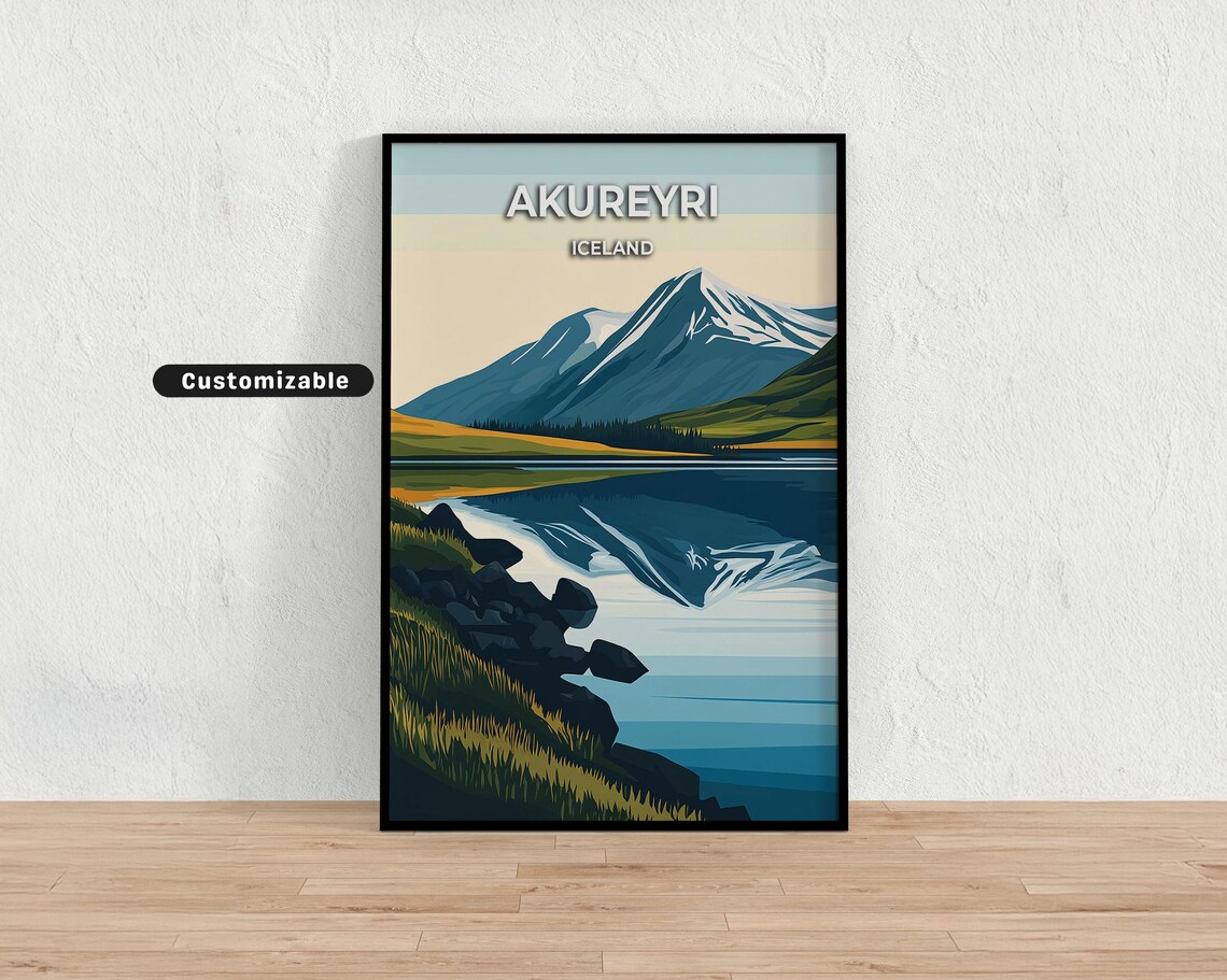 Akureyri Iceland Mountain Lake Reflection Customizable Travel Poster