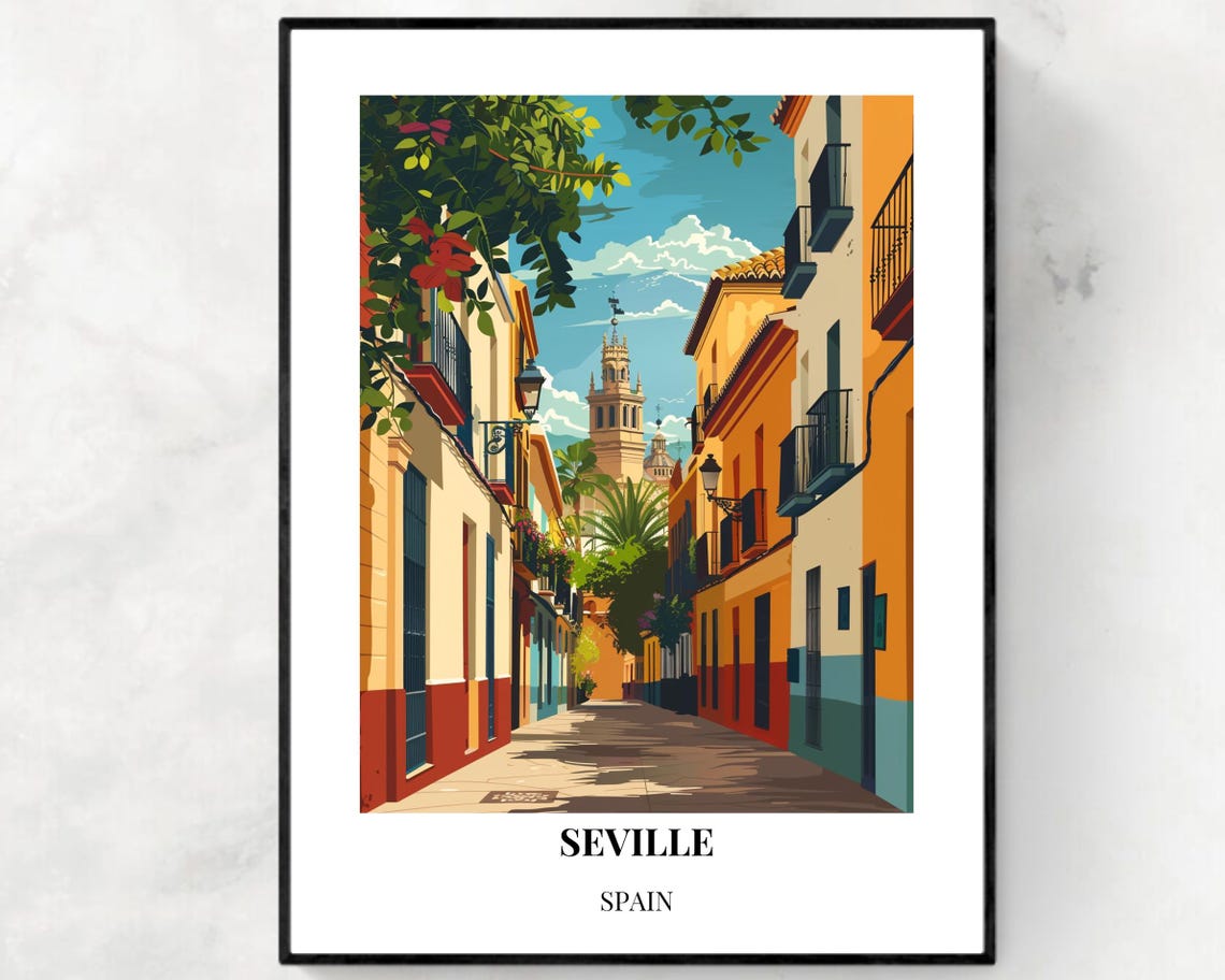 Seville Spain Old Town Street Cathedral Tower Orange Travel Poster