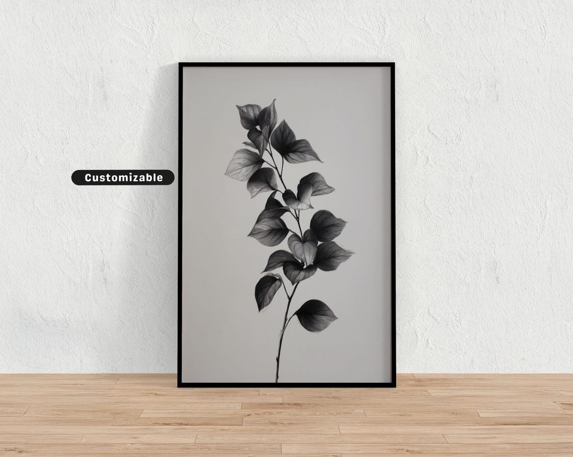 Monochrome Botanical Sketch In Charcoal On White Minimal Wall Art Neutral Nature Print