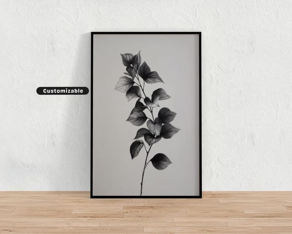 Monochrome Botanical Sketch In Charcoal On White Minimal Wall Art Neutral Nature Print