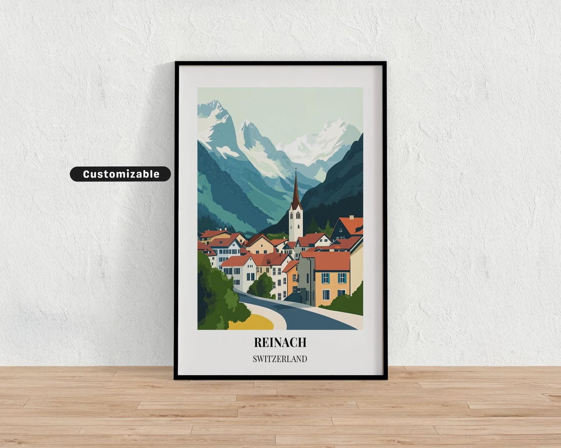 Reinach Switzerland Village Church Steeple Alpine Valley Travel Poster