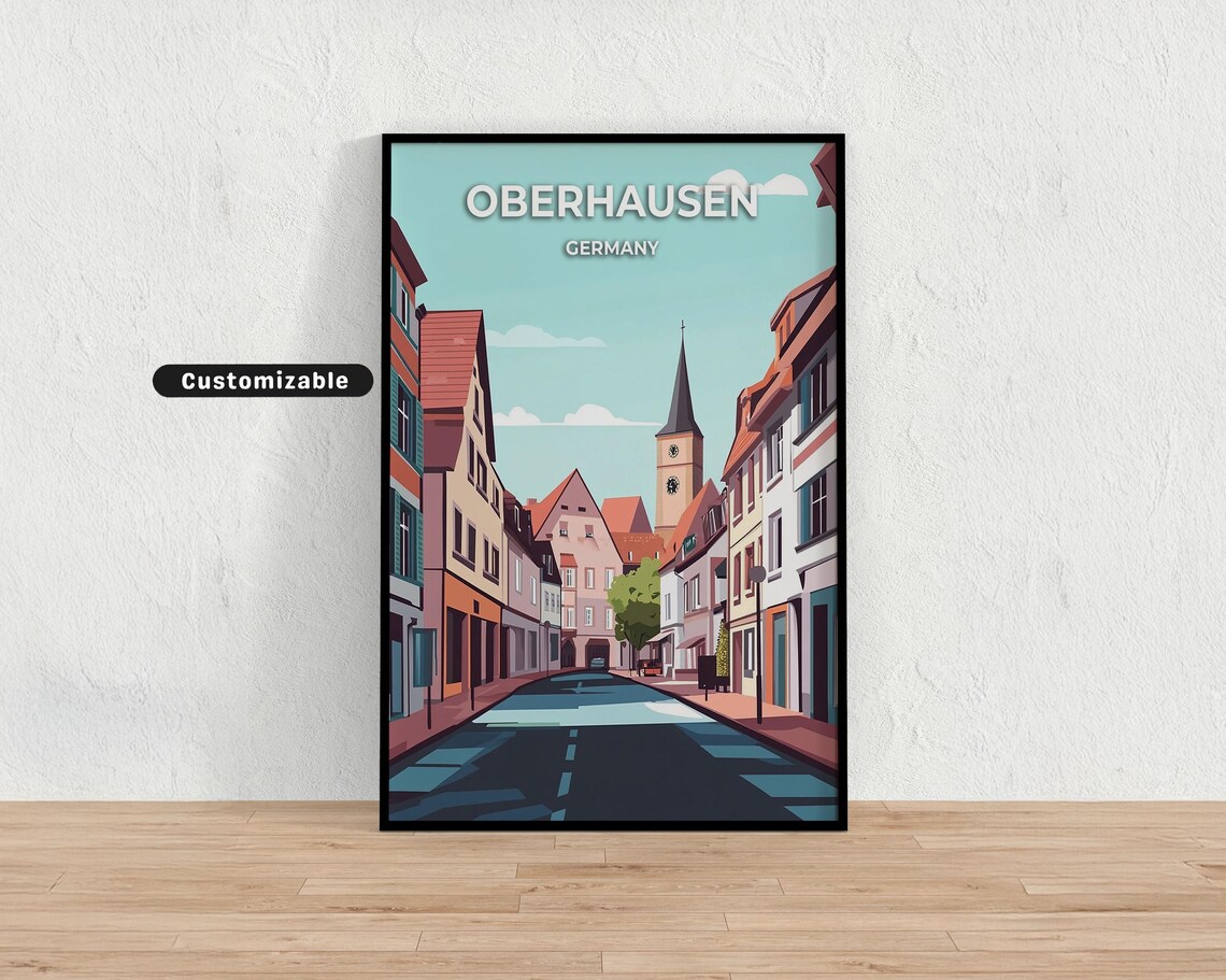 Oberhausen Germany Daytime Church Tower Street Vintage Travel Poster