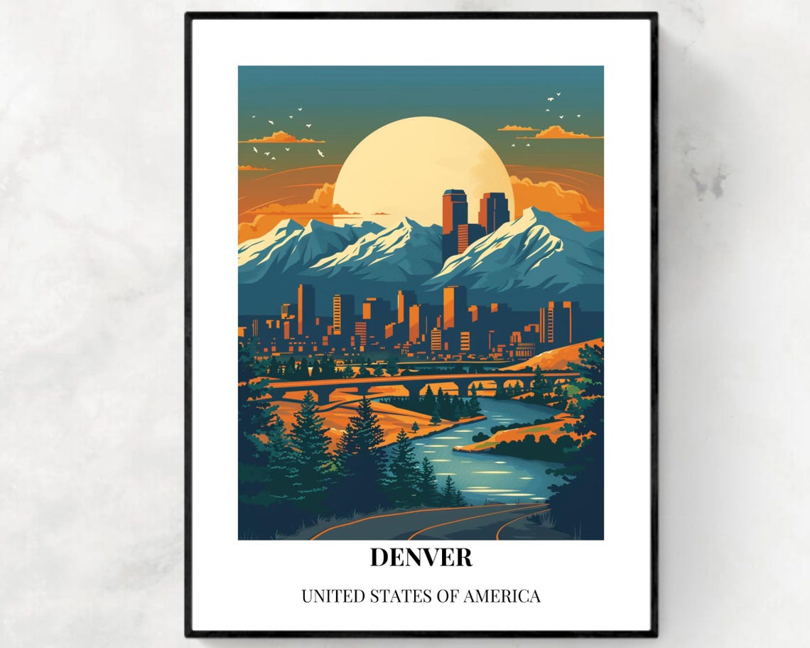 Denver Skyline Rocky Mountains Moonlit River Poster with Caption