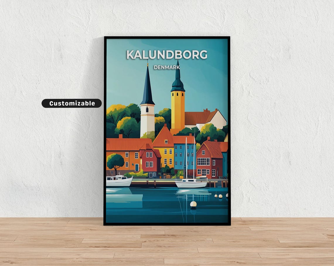 Kalundborg Denmark Waterfront Twin Spires Vintage Travel Poster