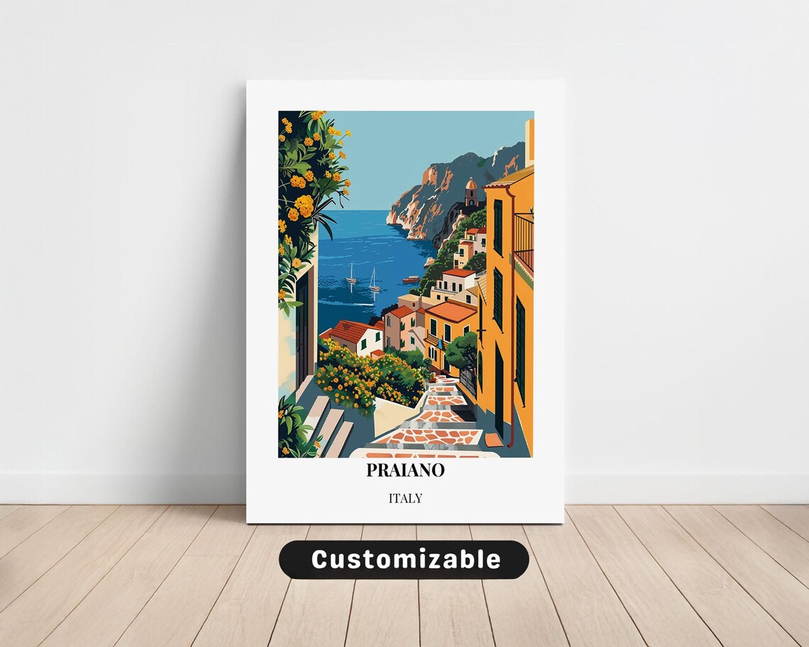 Praiano Italy Vintage Amalfi Coast Village Sea View Travel Poster
