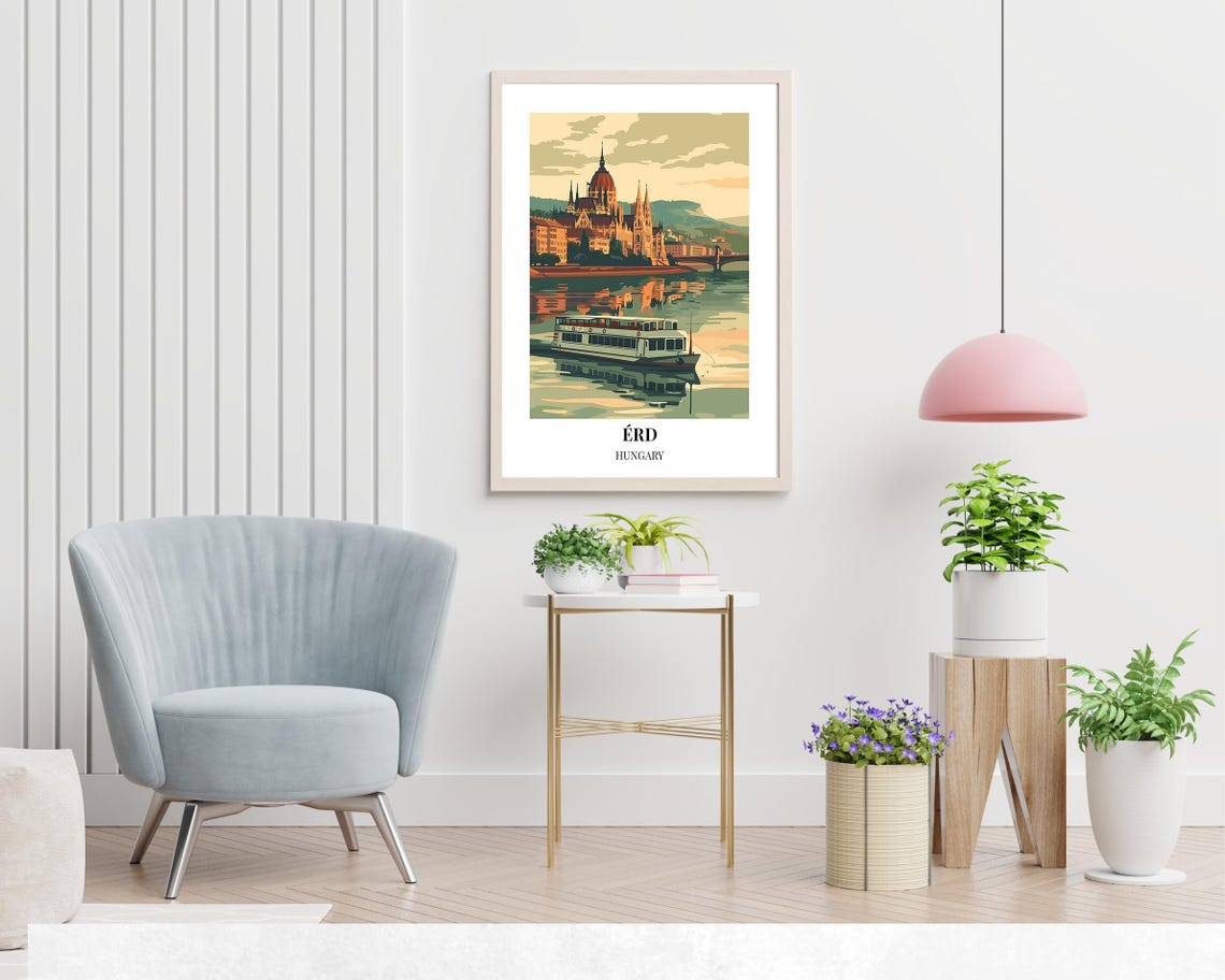 Érd Hungary Riverside Domed Landmark Riverboat Pastel Art Poster - Image 2