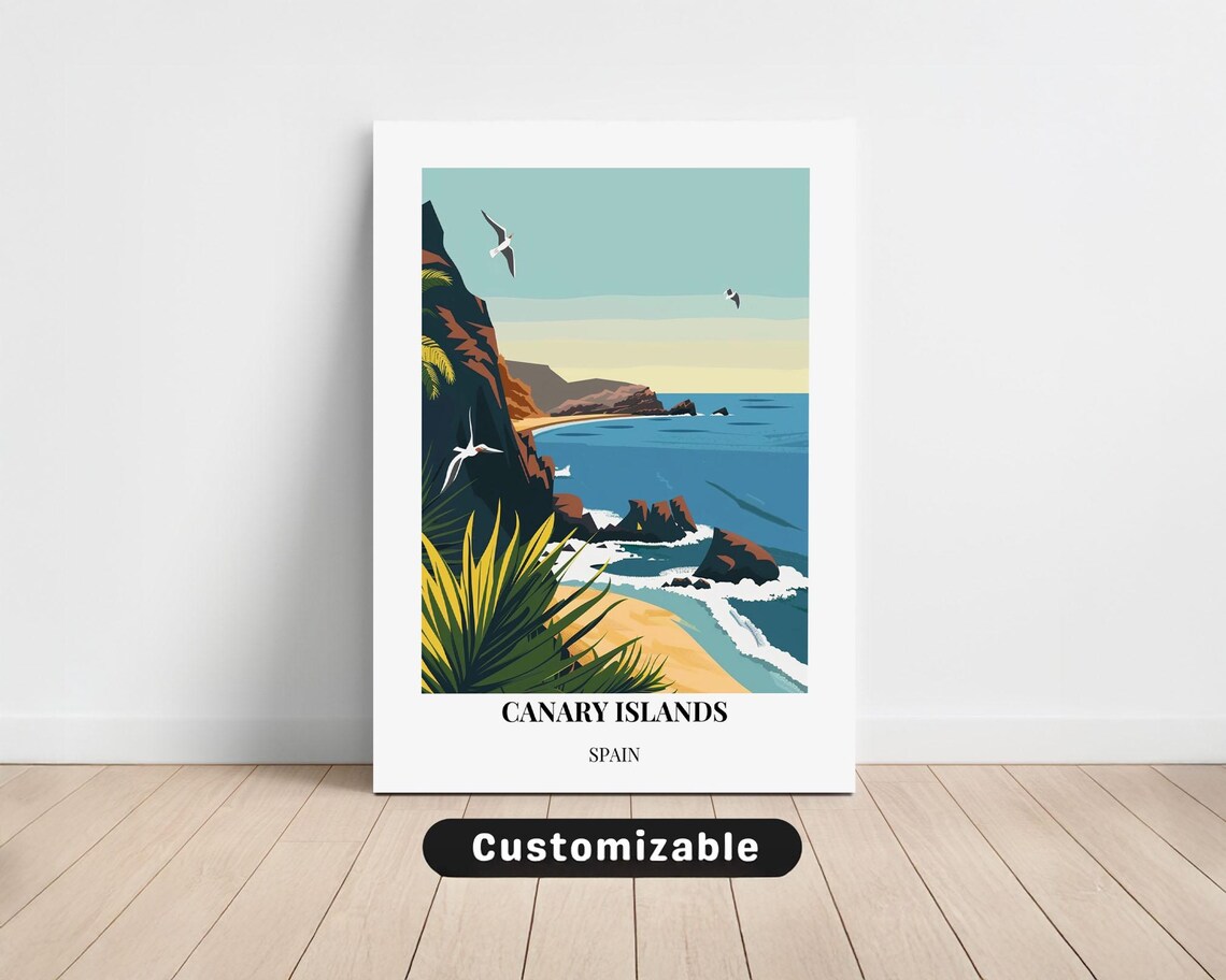 Canary Islands Spain Volcanic Beach Cliff Vintage Travel Poster