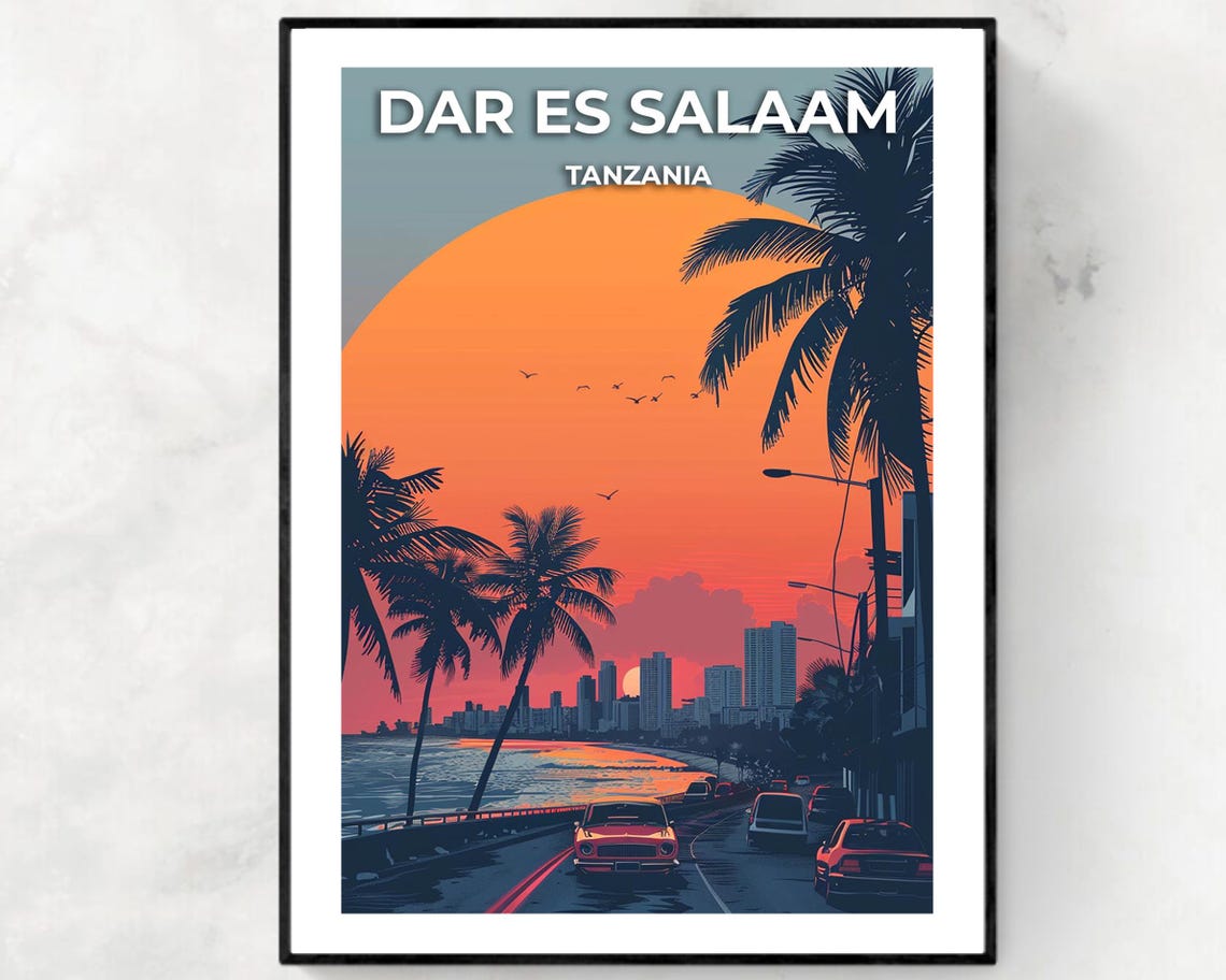 Dar Es Salaam Tanzania Sunset Ocean Drive Palm Travel Poster