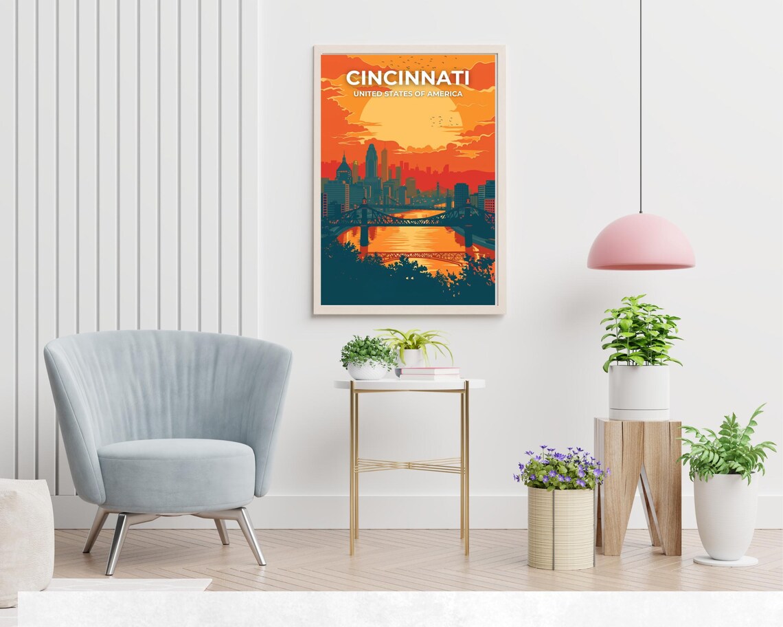Cincinnati Ohio Blazing Sunset Downtown Skyline Headline Travel Poster - Image 2