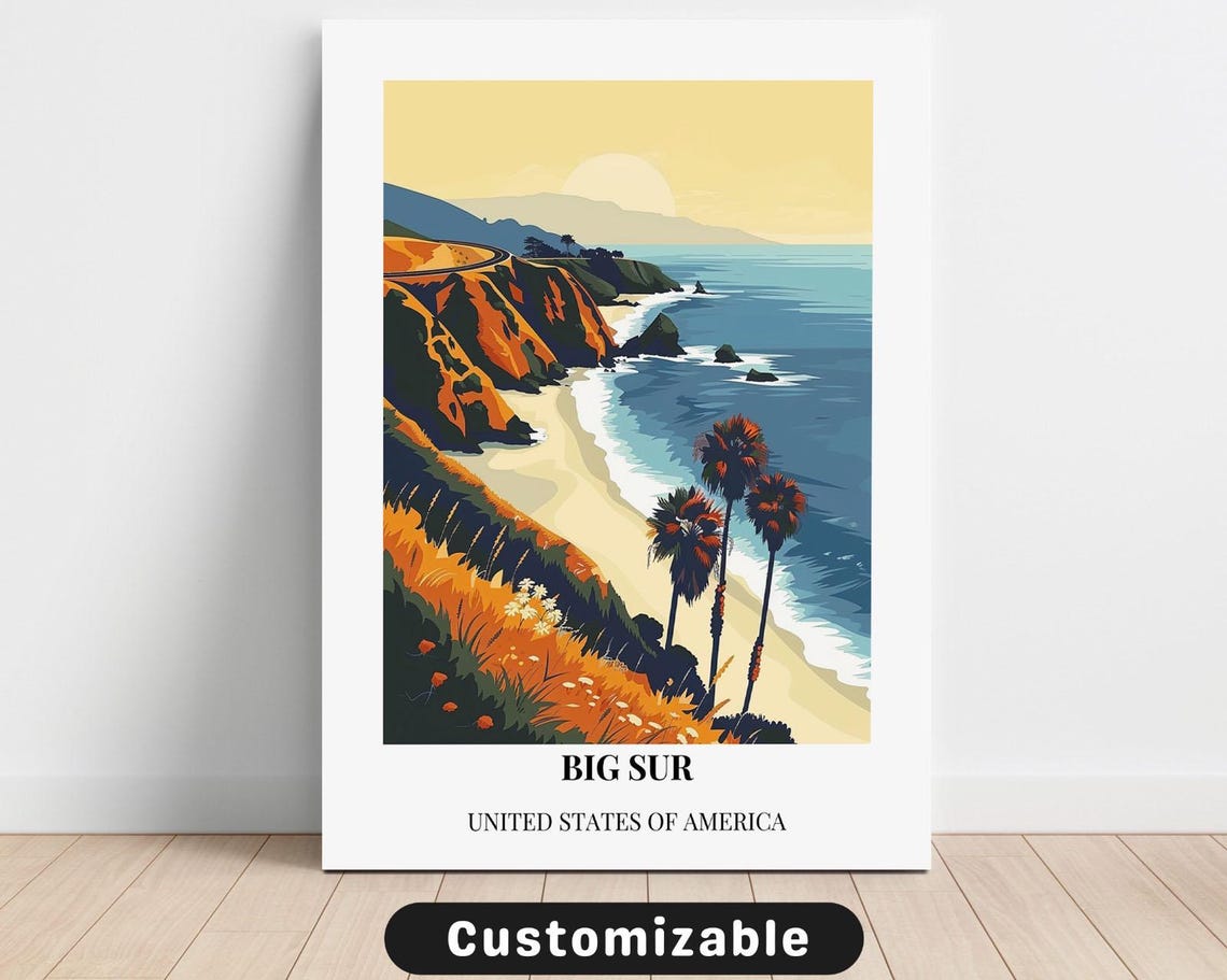 Big Sur California Coast Sunset Cliffs Vintage Travel Poster Art