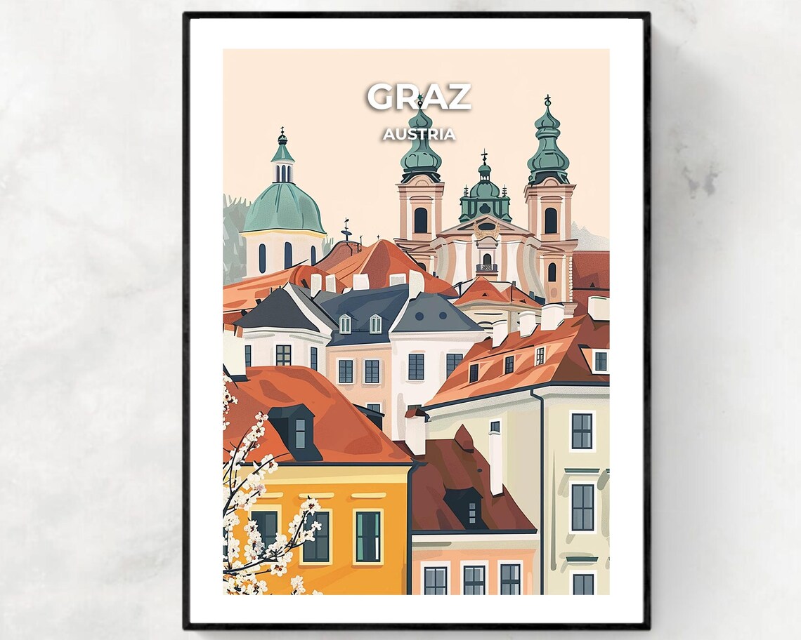 Graz Austria Old Town Skyline with Church Towers Travel Poster