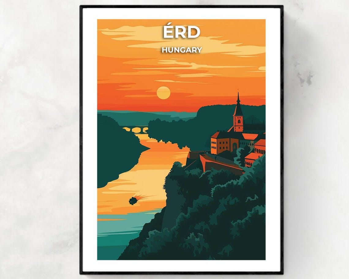 Érd Hungary Danube Riverside Sunset Church Cliff View Travel Poster