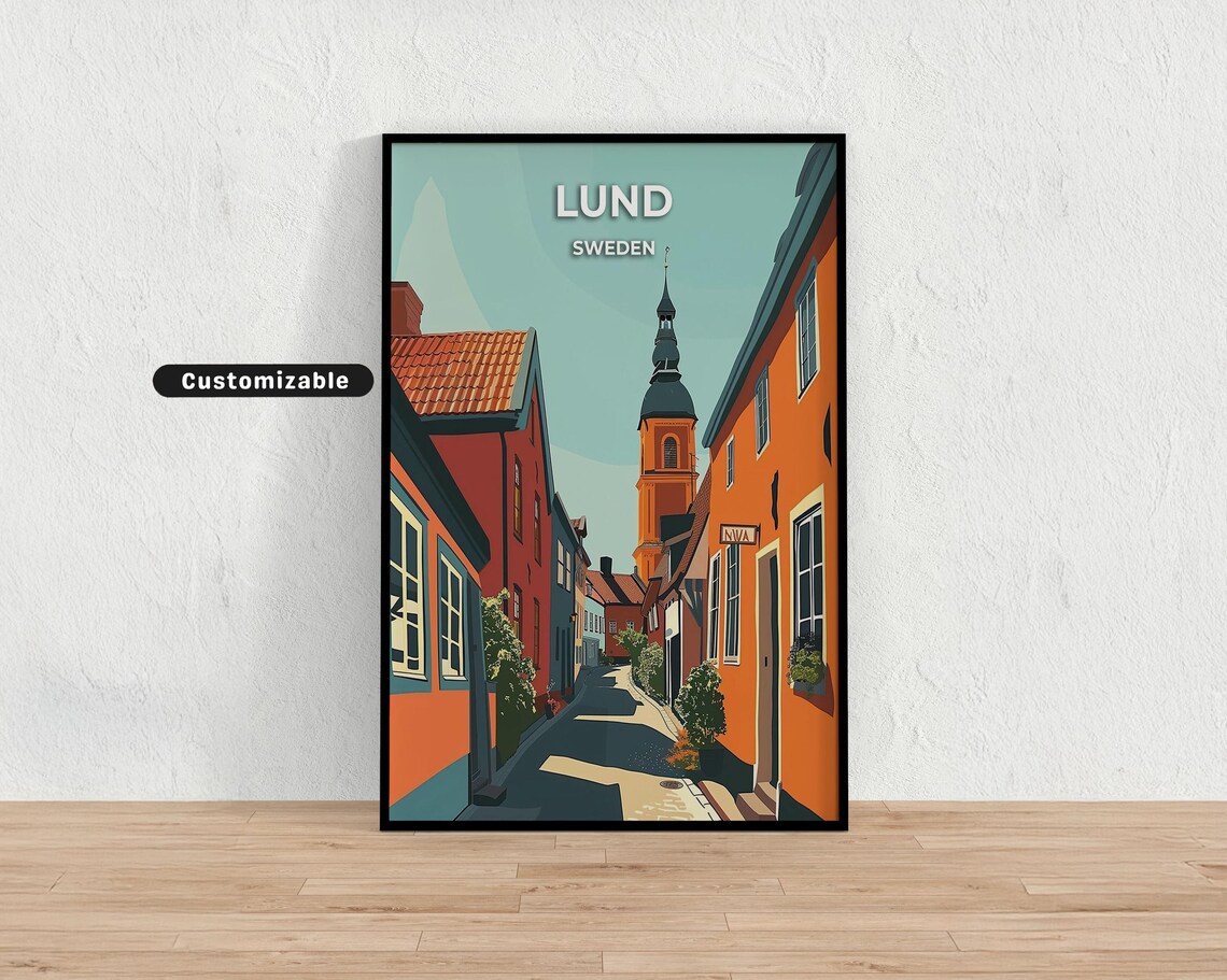 Lund Sweden Old Town Street Church Tower Vintage Travel Poster