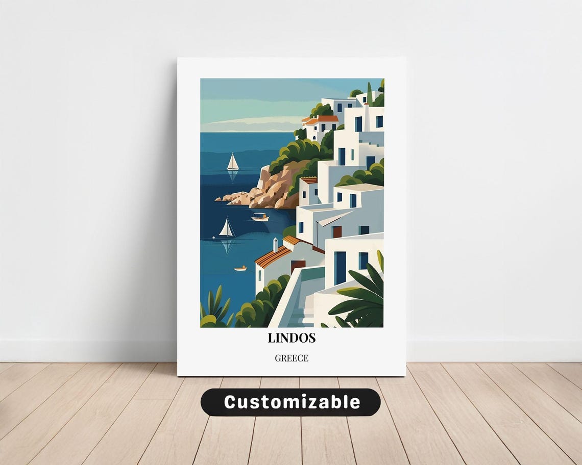 Lindos Greece Rhodes Whitewashed Village Sailboats Coastal Art Poster