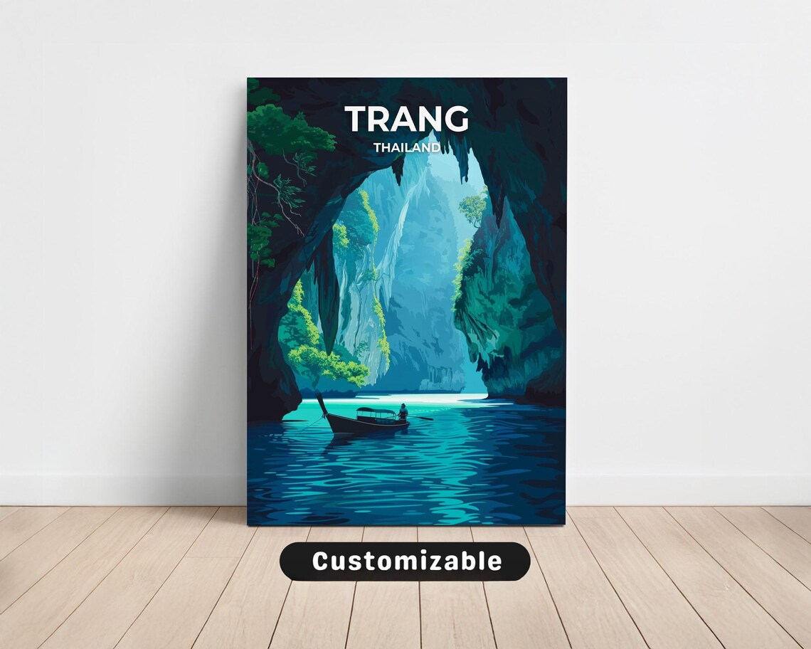 Trang Thailand Longtail Boat Limestone Arch Blue Lagoon Travel Poster