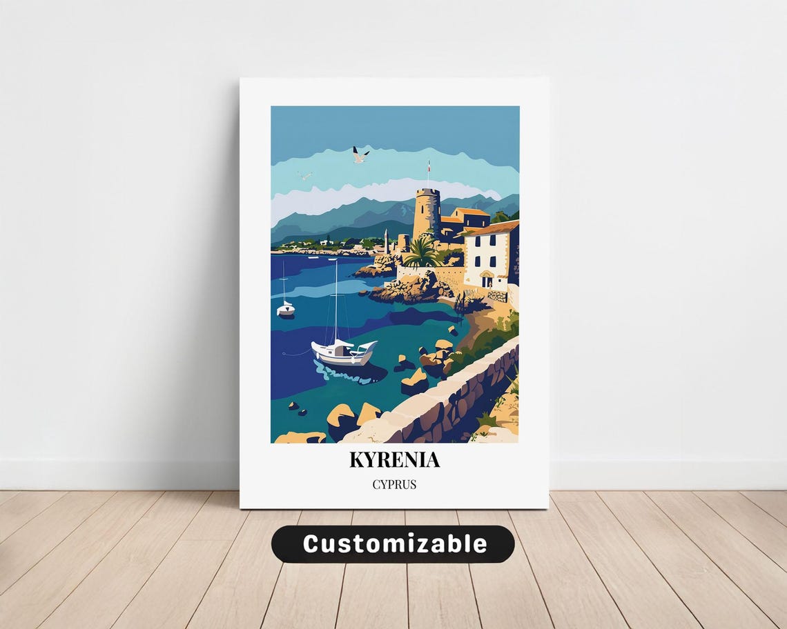 Kyrenia Cyprus Old Harbor Tower Vintage Mediterranean Travel Poster
