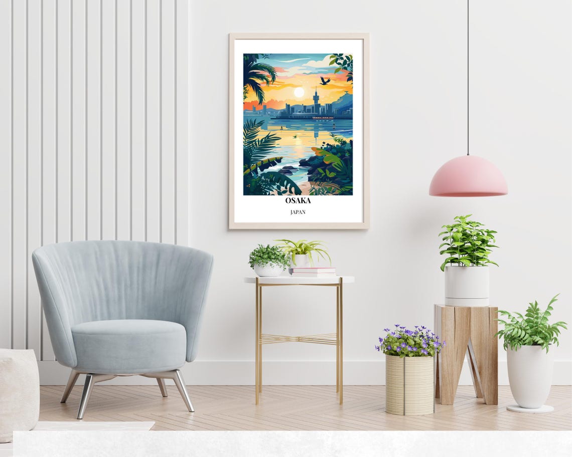 Osaka Japan Sunset Bay Skyline Tropical Palm Cityscape Travel Poster - Image 2