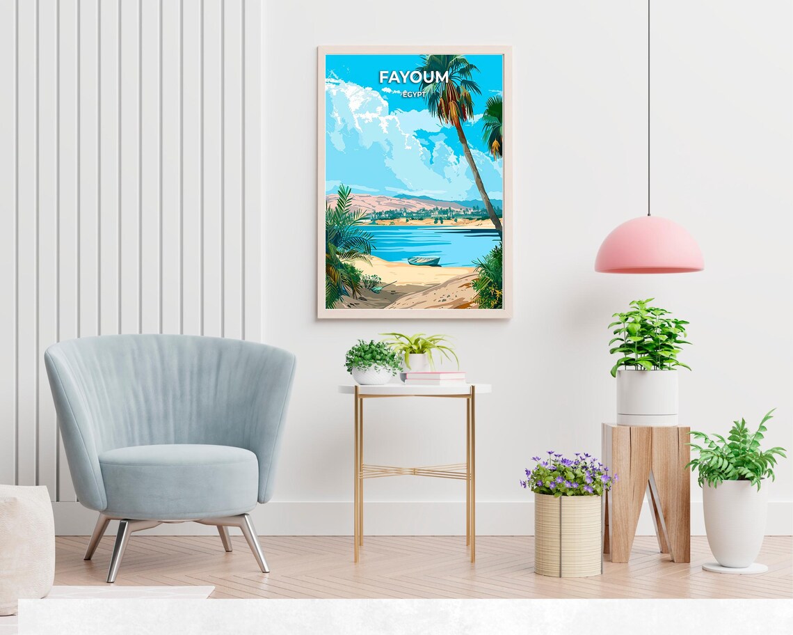 Fayoum Egypt Lake Shore Palm Beach Wooden Boat Scene Travel Poster - Image 2
