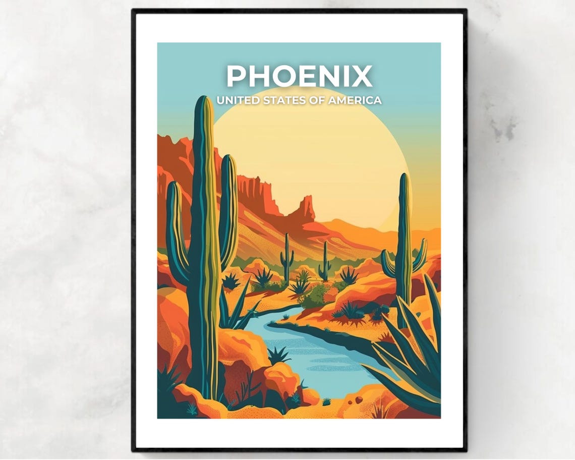Phoenix Arizona Desert Cactus Sunset Travel Poster with White Text