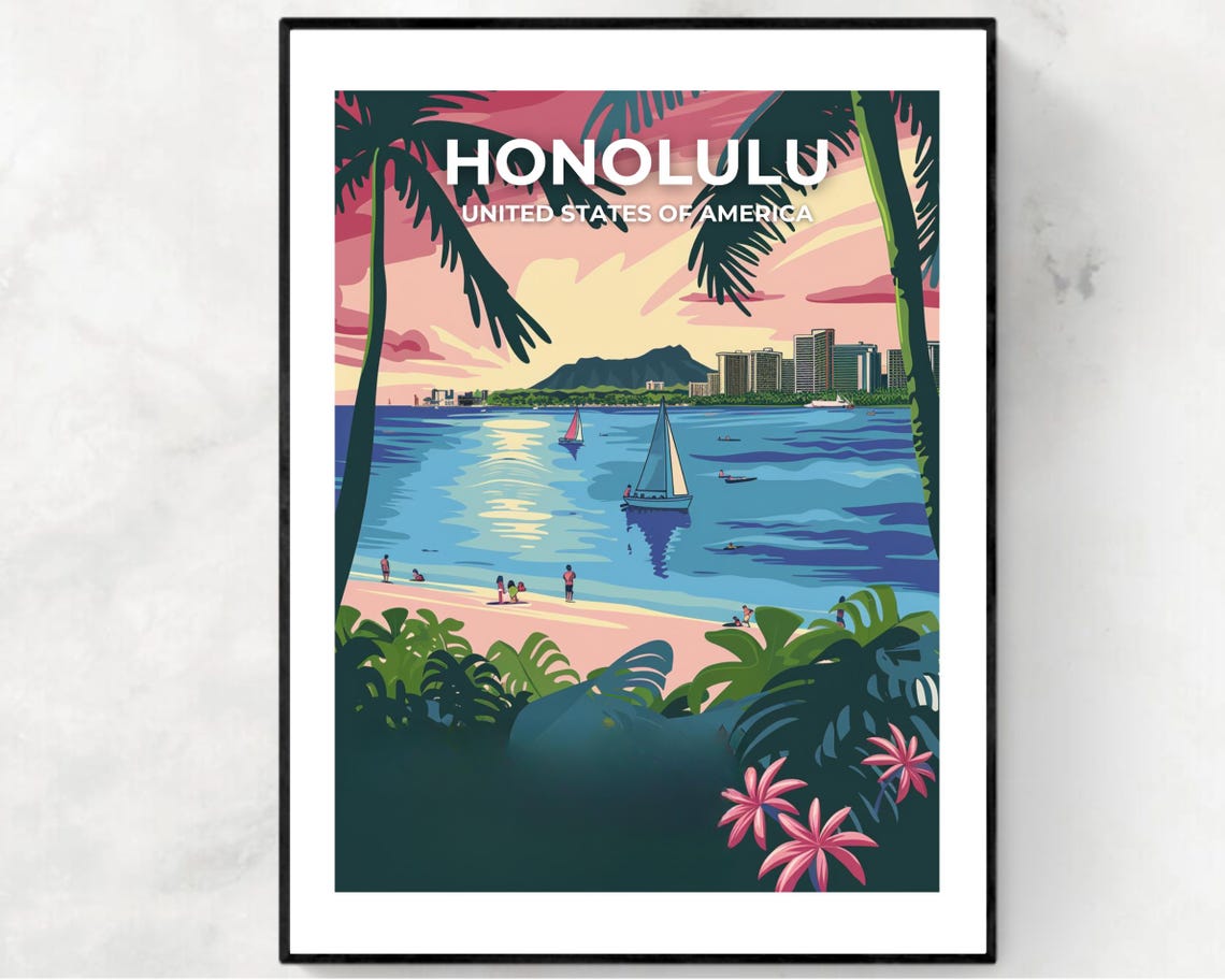 Honolulu Skyline Palm Beach Sunset Retro Hawaii Travel Poster
