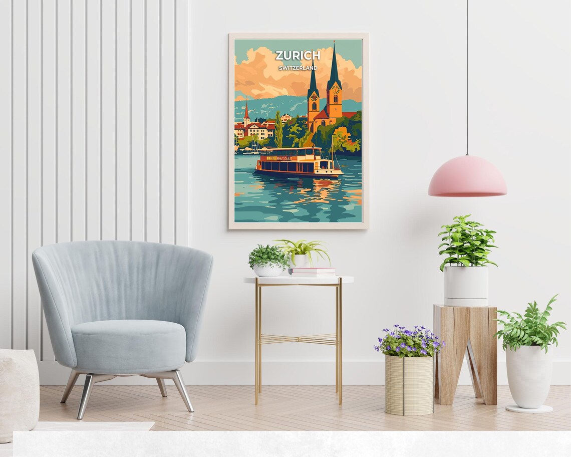Zurich Switzerland Fraumunster Towers Lake Boat Travel Poster - Image 2