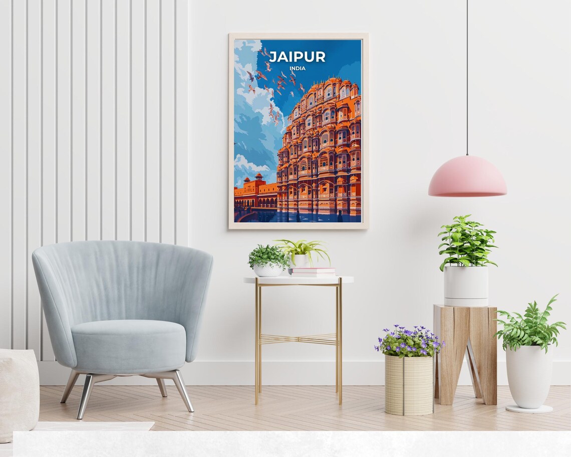 Jaipur India Hawa Mahal Blue Sky Birds Vintage Palace Travel Poster - Image 2