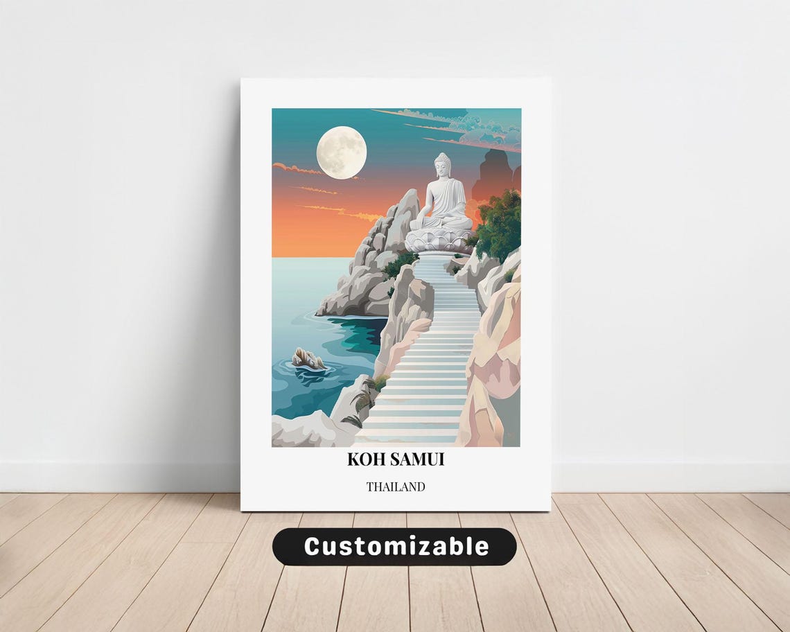 Koh Samui Thailand Big Buddha Sunset Moon Ocean Cliffs Travel Poster
