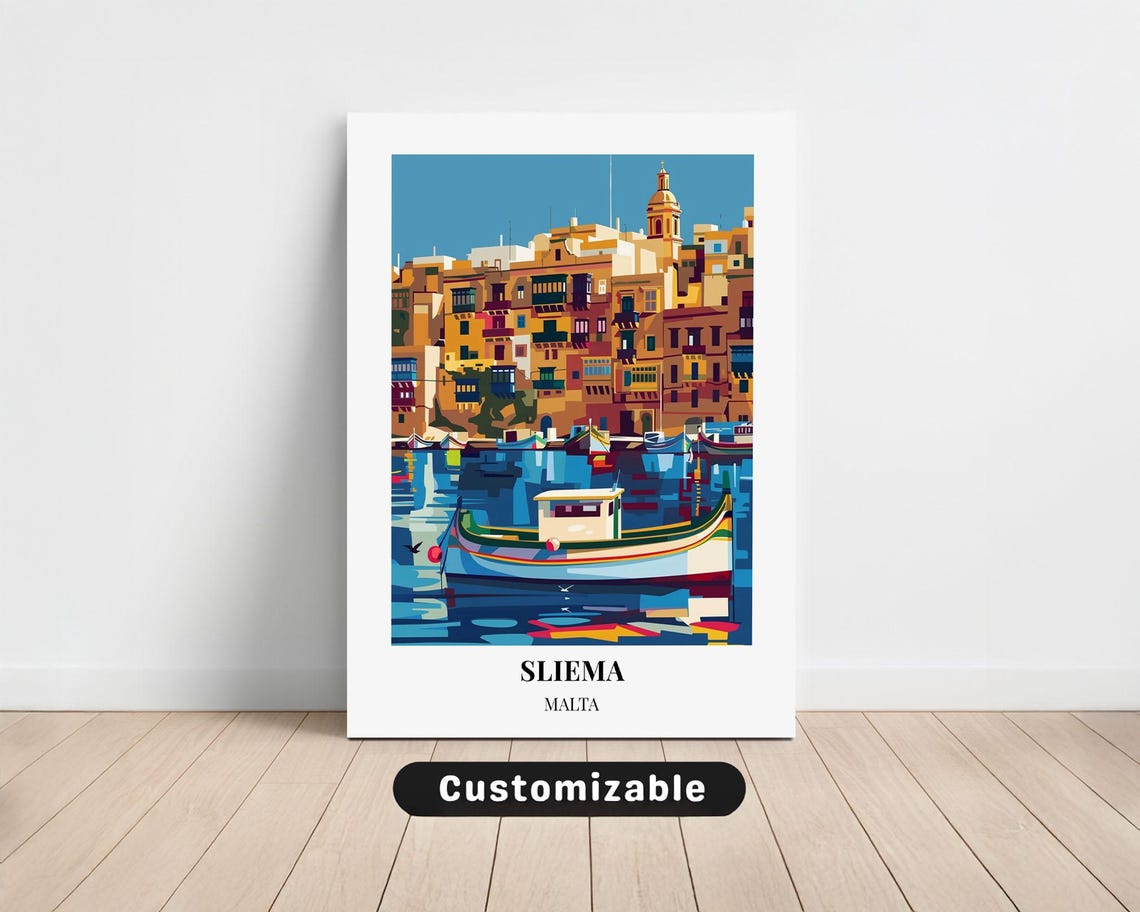 Sliema Malta Travel Poster Harbor Luzzu Boat Colorful Waterfront