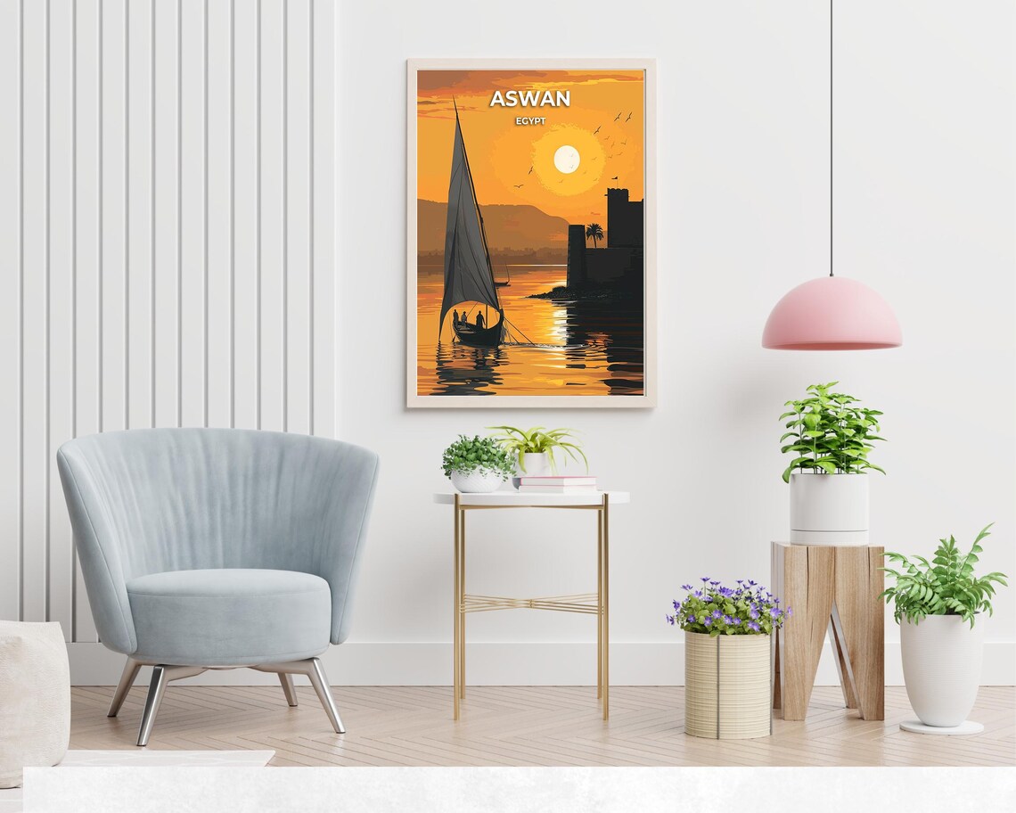 Aswan Egypt Felucca Sailboat Nile Sunset Travel Poster Scene - Image 2