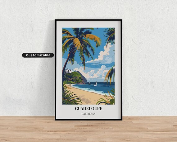 Guadeloupe Caribbean Beach Palm Trees Sailboats Tropical Art Poster