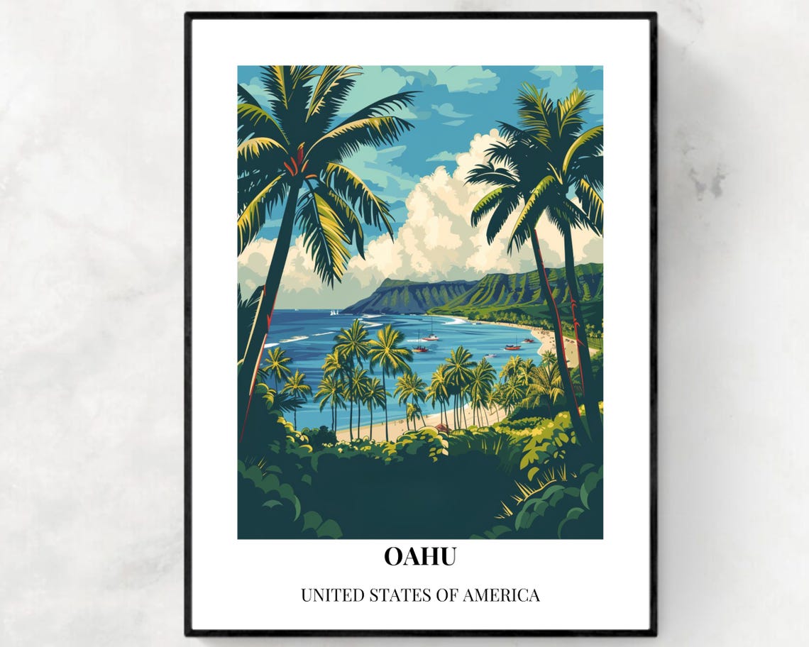 Oahu Hawaii Tropical Beach Vintage Travel Poster with Palm Trees