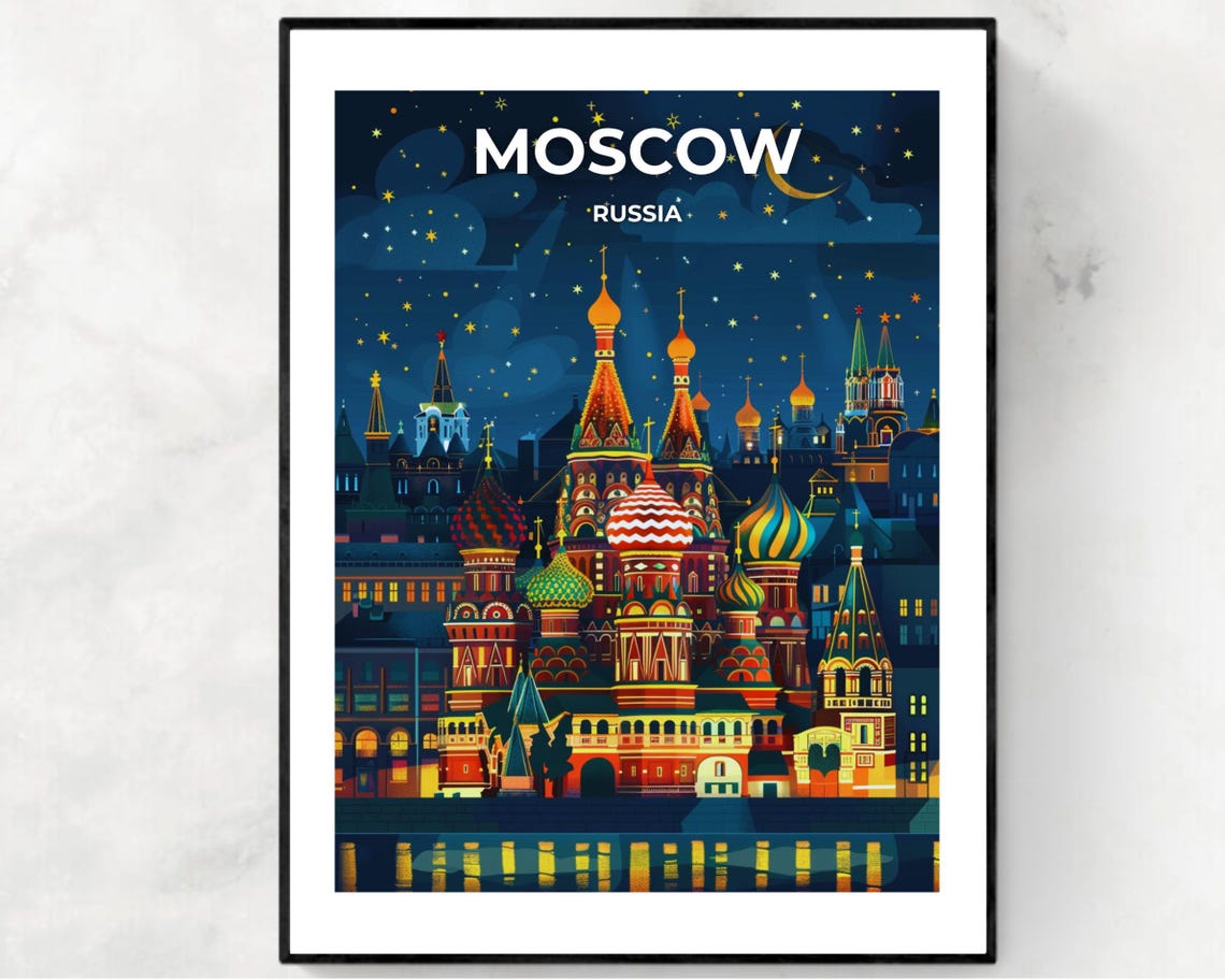Moscow Russia Saint Basil Cathedral Night Starry Sky View Poster