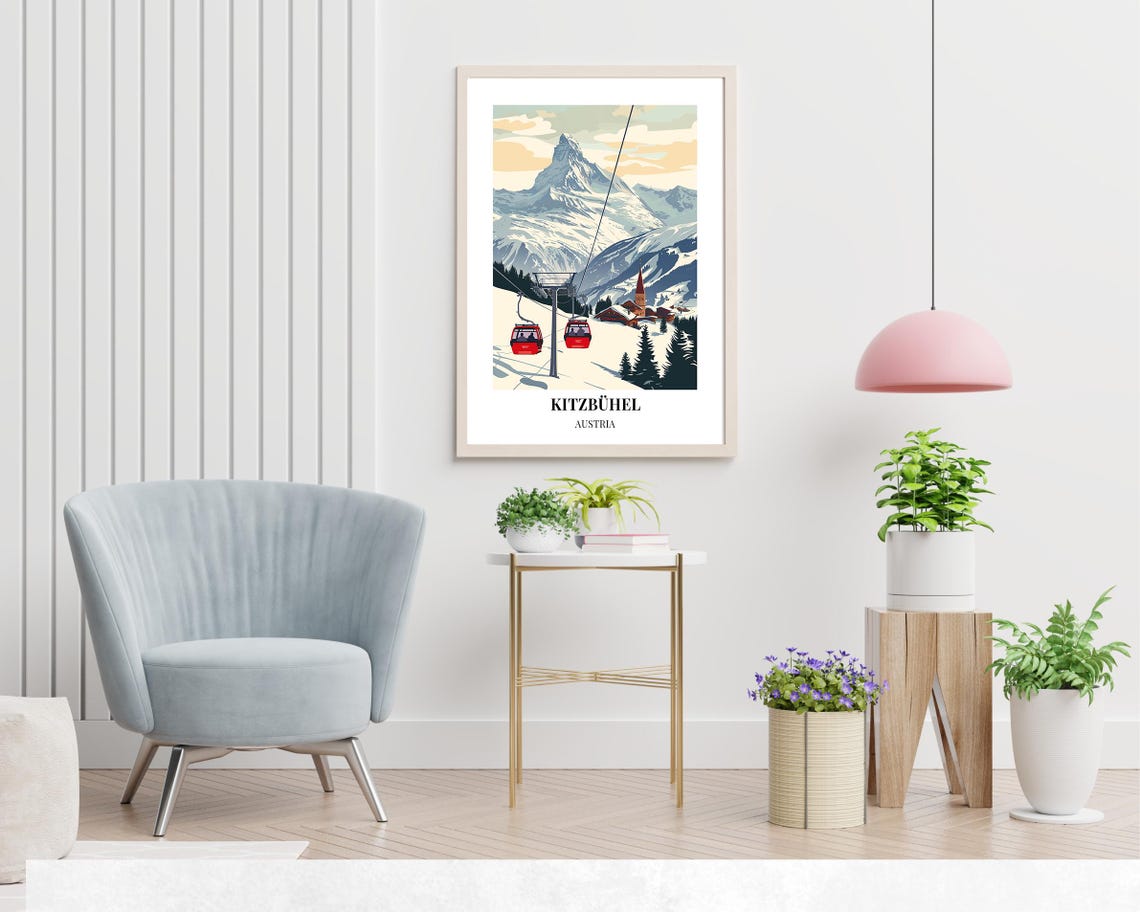 Kitzbuhel Austria Red Cable Cars Beneath Church and Mountain Poster - Image 2