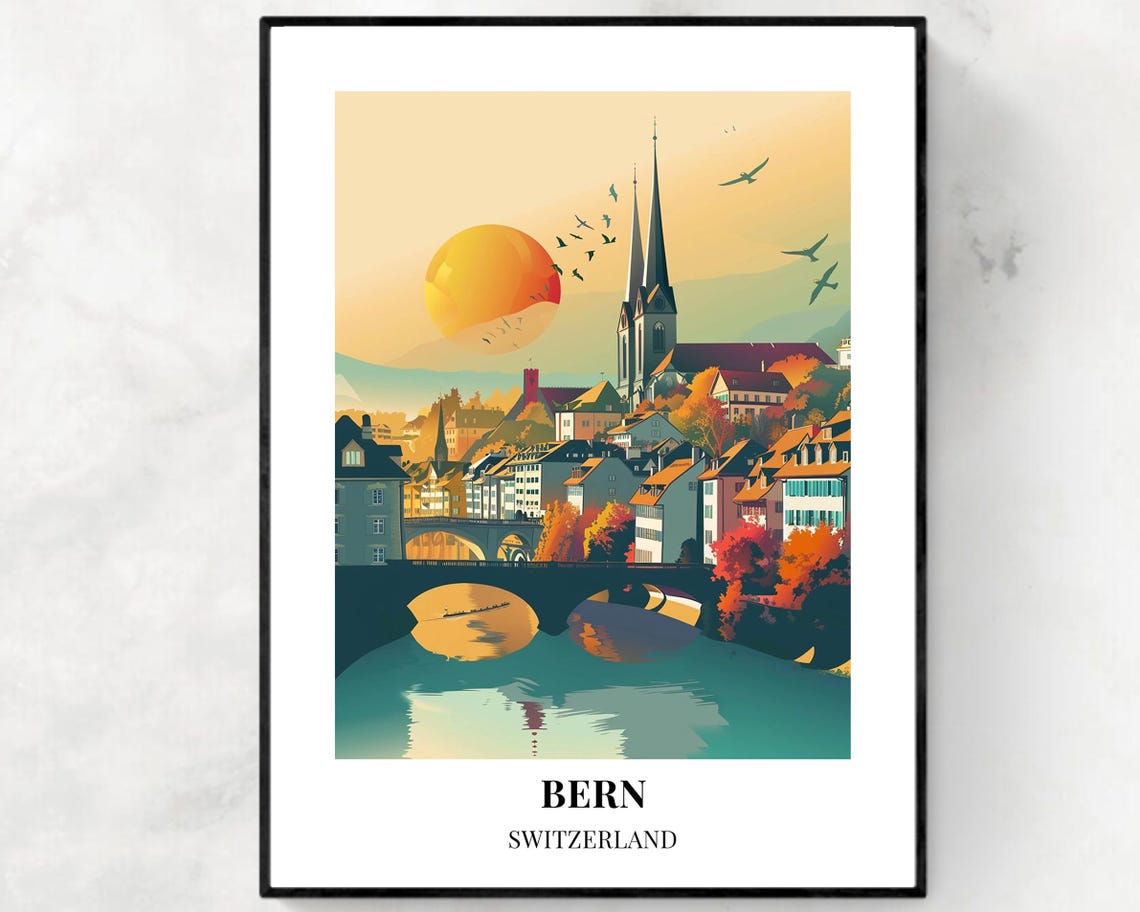 Bern Switzerland Sunset River Bridge Old Town Skyline Poster