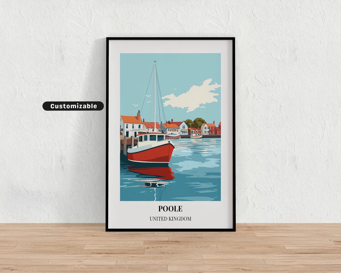 Poole United Kingdom Red Harbor Boat Seaside Custom Travel Poster