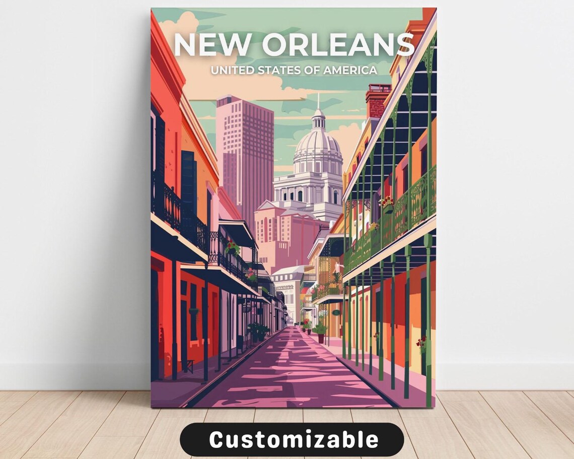 New Orleans French Quarter Balconies Street Vintage Travel Poster