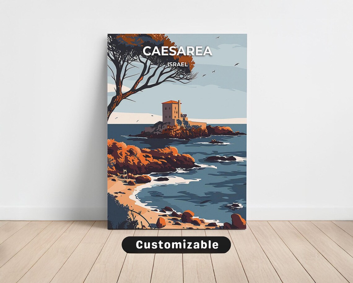Caesarea Israel Vintage Travel Poster Sea Tower Rock Beach View Art