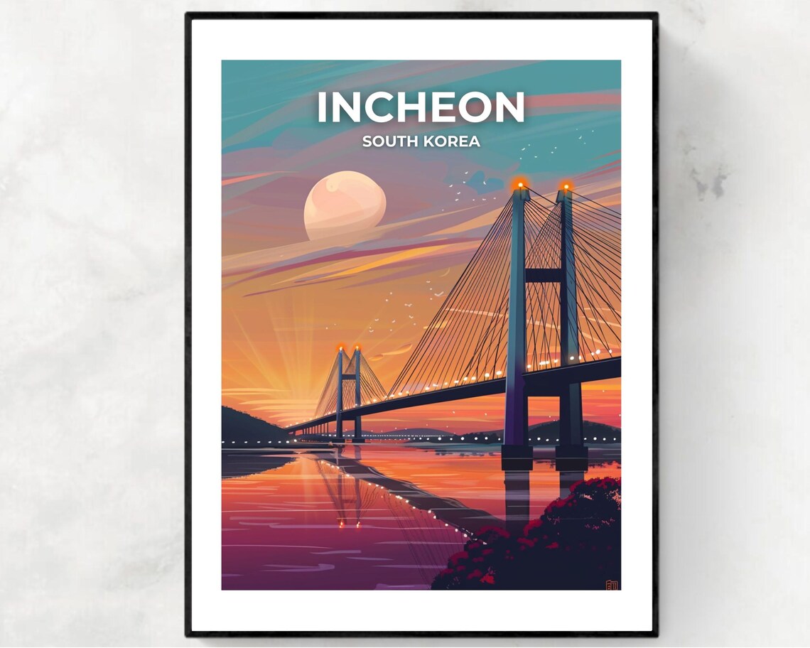 Incheon Bridge South Korea Sunset Moonlight Landmark Travel Poster
